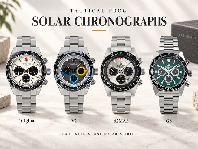 Tactical Frog Solar Chronographs Compared: VS75, V2, 62MAS & GS