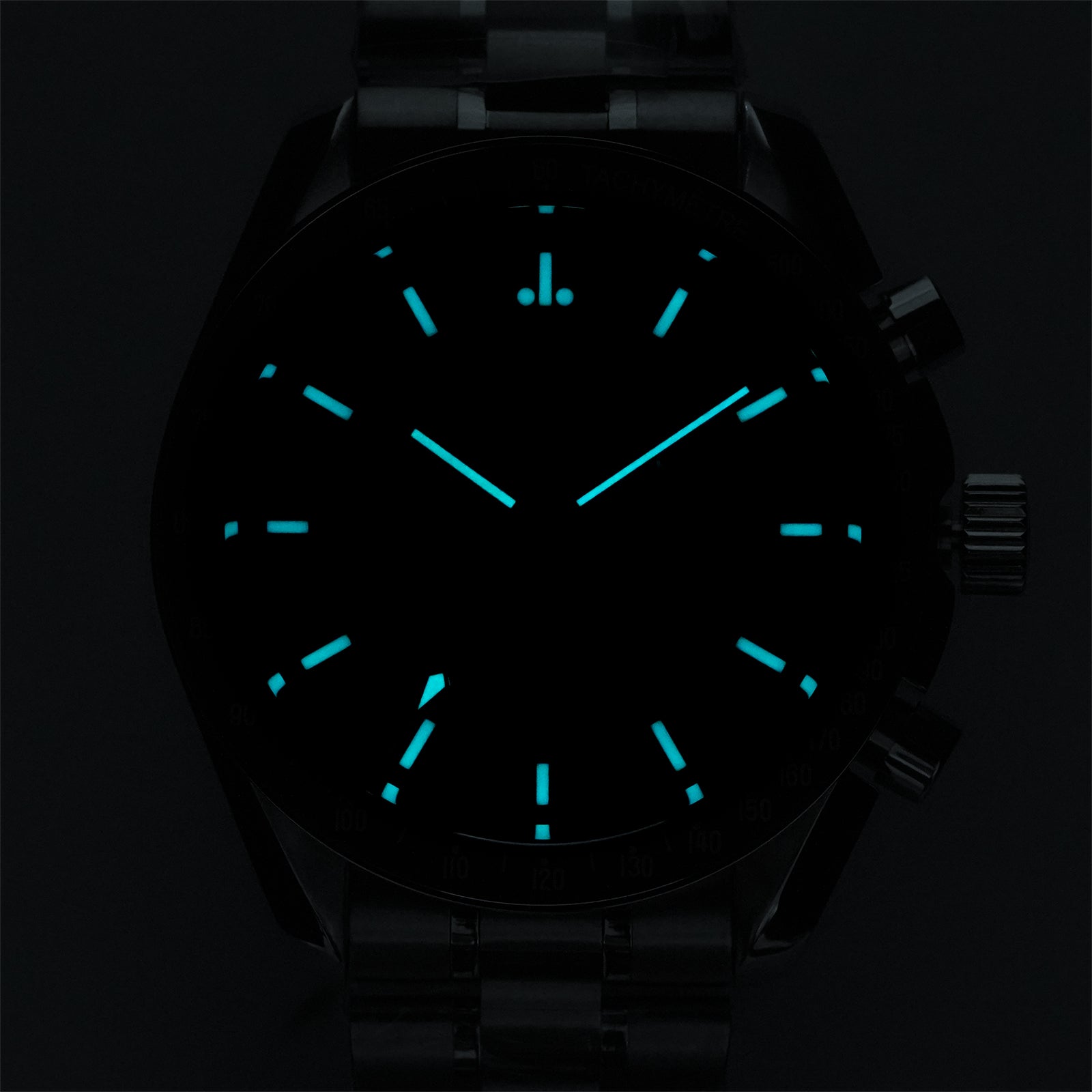 WD1860 hour markers and main hands glowing blue in the official low-light photograph